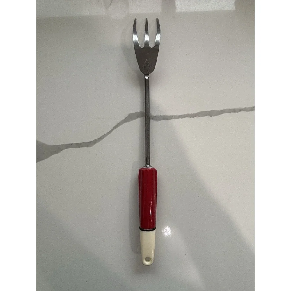 Vintage Stainless Steel Meat Serving Fork Three Prong A&J Red Wooden Handle USA